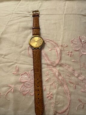 Omega Gold Dial Brown Leather Strap Watch
